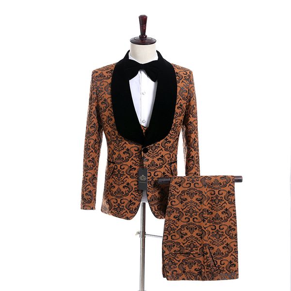 

handsome groomsmen brown pattern groom tuxedos shawl black lapel men suits side vent wedding/prom man ( jacket+pants+vest+tie ) k921, Black;gray