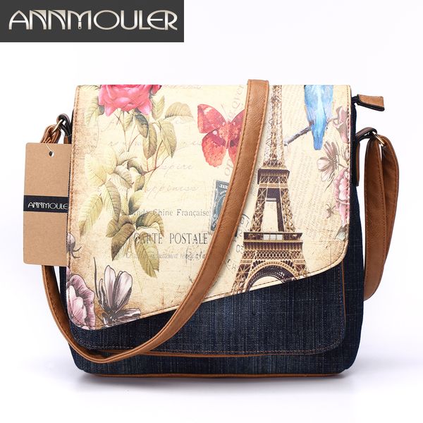 

annmouler vintage shoulder bag women's fashion demin crossbody bag eiffel tower print messenger bag for ladies casual tote bags d181013