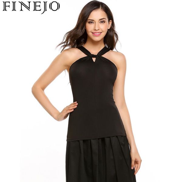 

finejo twist halter women keyhole sleeveless solid slim fit top, White