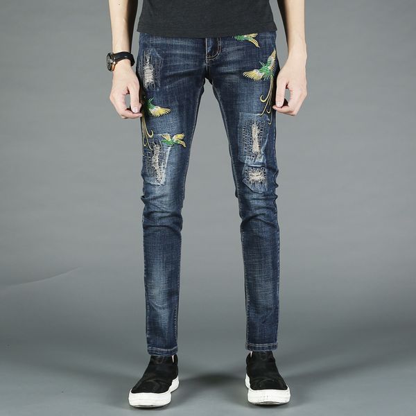 

luxury embroidery jeans ripped hole jeans male slim fit straight denim men designer patchwork homme vaqueros hombre, Blue