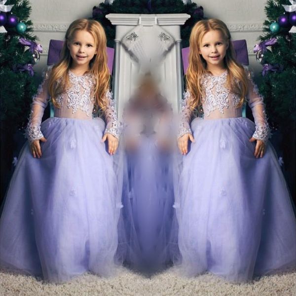 

lavender girls pageant gowns lace appliques long sleeves flower girl dresses for wedding tulle floor length baby birthday party dress, White;blue