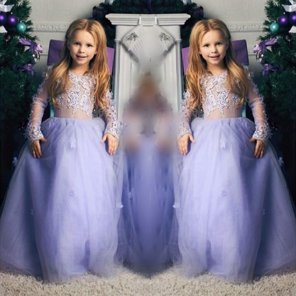 Abiti da spettacolo per ragazze lavanda Abiti da ragazza di fiori a maniche lunghe con applicazioni di pizzo per abiti da festa di compleanno per bambini in tulle da sposa