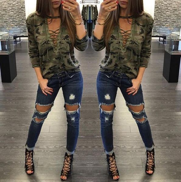 

women camouflage t-shirts spring autumn casual bandage cross v-neck tee shirt printing t-shirts 6 colors size s-2xl, White
