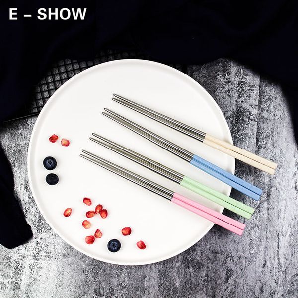 

304 stainless steel chopsticks non-slip wheat straw handel chinese chopsticks for kitchen restaurant kids picnic sushi 8 pair