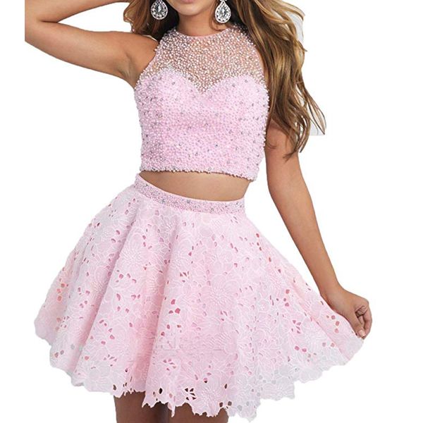 

2018 backless 2 pieces a-line homecoming dresses pink crystal beaded lace mini graduation prom cocktail dress, Blue;pink