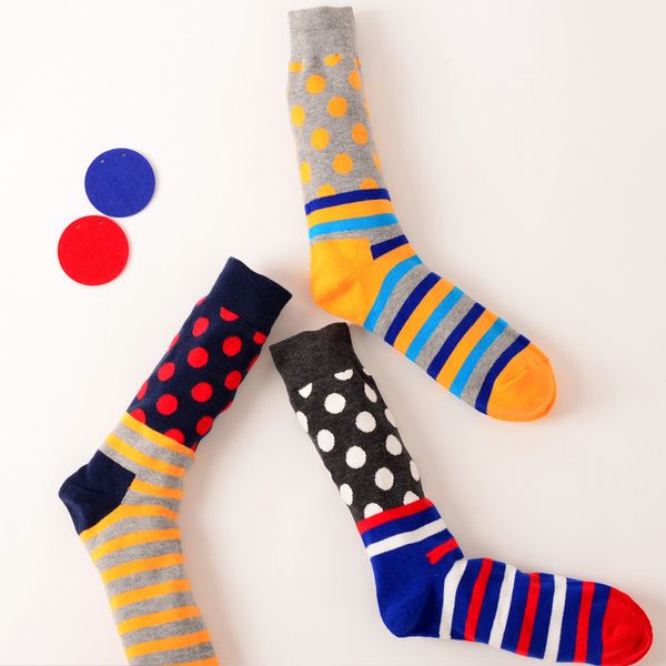 

new design cotton comfortable creative tide contrast color dots stripes colorful men long happy socks, Black