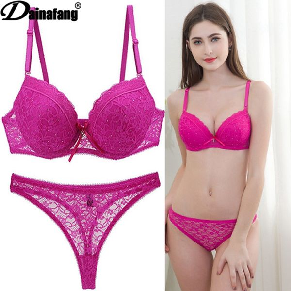 

novelty 2020 lace drill bra set women plus size push up underwear set bra and for female thong 34 36 38 40 42 bcde cups, Red;black