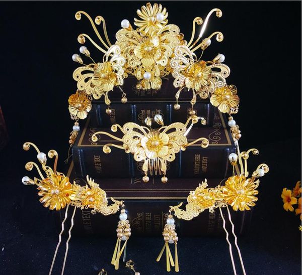 Noiva estilo chinês traje pavão phoenix show Wo cocar roupas de ouro borla principal coroa de casamento estilo cabelo jóias casamento