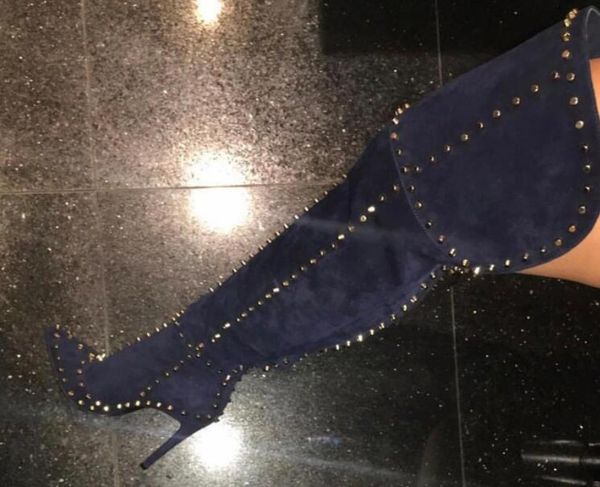 Nuovo arrivo stivali alti da moto alla coscia moda tacchi alti sottili borchiati stivali sopra il ginocchio rivetti scarpe da donna Botas Mujer