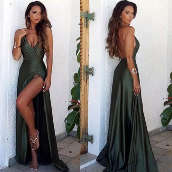 

2019 dark green prom dresses long deep v neck halter backless high side split formal dresses evening wear simple gown sweep train, Black