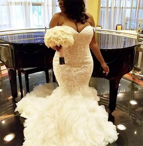 

african plus size wedding dresses sweetheart ruffles mermaid wedding dress ltulle lace bridal gowns dubai arabic wedding gown, White