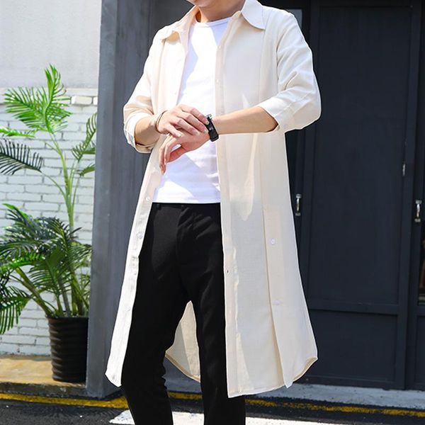 

aremomuwha new summer men thin style windbreaker korean long-sleeved long shirt seven split sleeve sun protection coat qx051, Tan;black