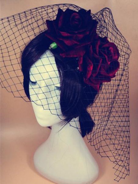 

hat rose mini lolita red gothic flower fancy hats veil qcgho, Blue;gray