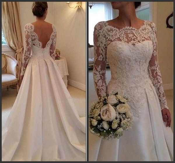 

2019 new long sleeve wedding dresses a line sheer neckline backless lace and satin bridal wedding gowns vestidos de, White