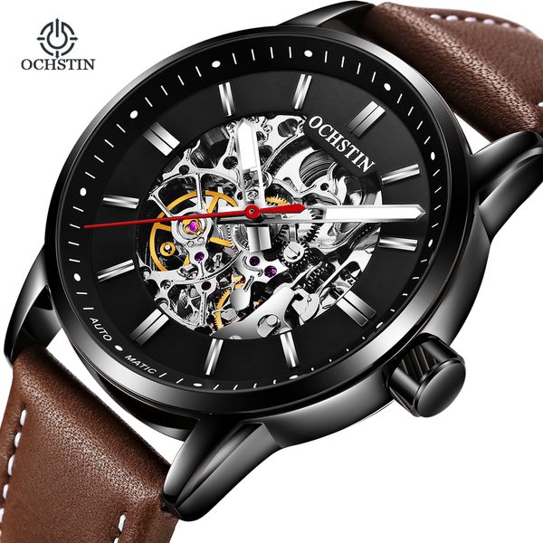 

men's hollow skeleton automatic mechanical watches brand ochstin leather business sport clock relogio masculino, Slivery;brown