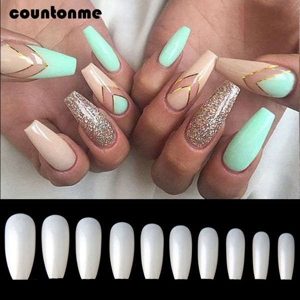 

600pcs long fake nails natural nail art tips ballerina coffin false nail full cover salon manicure nep nagels manicure tip, Red;gold