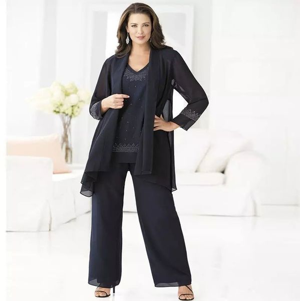 

modest long sleeves mother of the bride pant suits chiffon v neck wedding guest dress plus size three pieces mothers groom dresses, Black;red