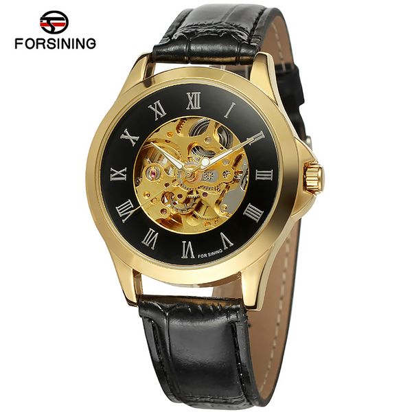 

forsining brand mens watches luxury gold case genuine leather belt auto mechanical male relogio wristwatches erkek kol saati, Slivery;brown