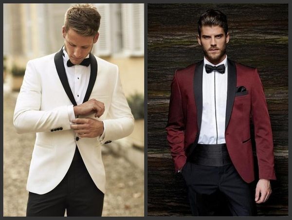 Hohe Qualität Elfenbein/Burgunder Männer Hochzeit Smoking Bräutigam Smoking mit schwarzem Schal Revers für Männer 2 Stück Anzug anpassen (Jacke + Hose + Krawatte + Gürtel)1