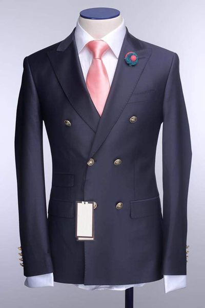 Alta Qualidade Double-Breasted Azul Marinho Noivo Smoking Padrinhos Pico Lapela Melhor Homem Blazer Ternos De Casamento Dos Homens (Jacket + Pants + Tie) H: 786