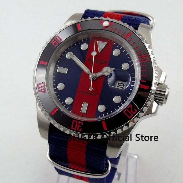 

bliger 40mm sapphire crystal blue red dial ceramic bezel men's watch automatic movement stainless steel men's wrist watch b143, Slivery;brown