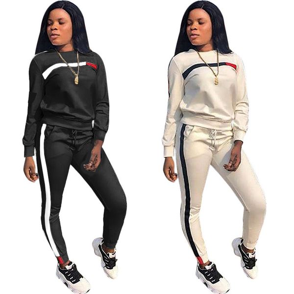 

Fall Women Stripe Jogger Sport Suit Tracksuits Pullovers Sweatshirts Casual Sportwear Long Sleeve Tops Pants Set