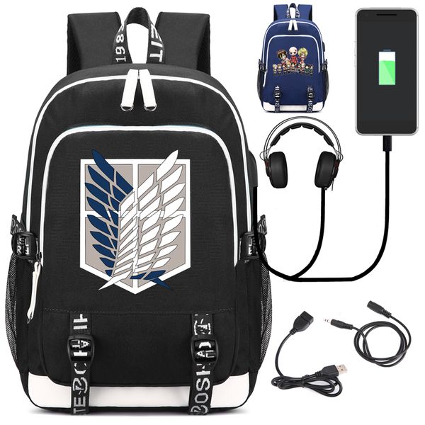 

attack on titan backpack with usb charging port and lock &headphone interface for college student work men & women