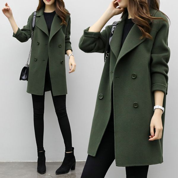 

2018 warm wool blend coat women long sleeve turn-down collar outwear jacket casual slim autumn winter elegant overcoat 6q0475, Black