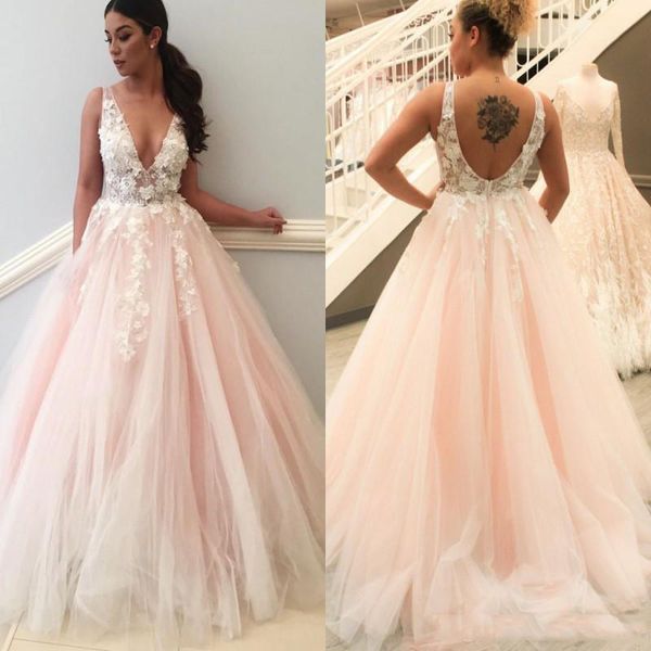 Açık Pembe Gelin Önlükler Dalgalı Kolsuz A-Line Gelinlikler Backless Kat-Uzunluk Custom Made Gelinlik Beyaz Aplike Ile