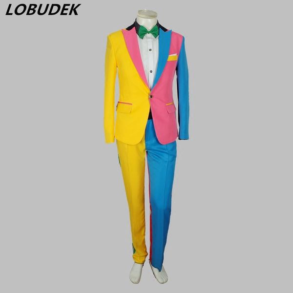 

2018 irregular colorful men's suits fashion slim blazers trousers sets nightclub magician clown performance costume stage outfit, White;black