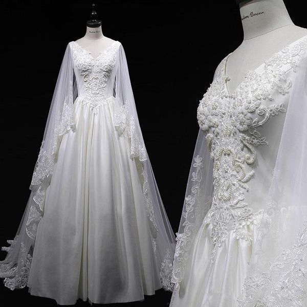 

роскошный дизайн жемчуг свадебное платье с шалью v-образным вырезом ручной работы аппликации тюль атласная линия свадебное платье на заказ, White