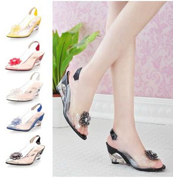 

new fashion women's crystal sandals transparent color patchwork flowers square high heel sandals & pumps wedding shoes ol shoes gg48, Black
