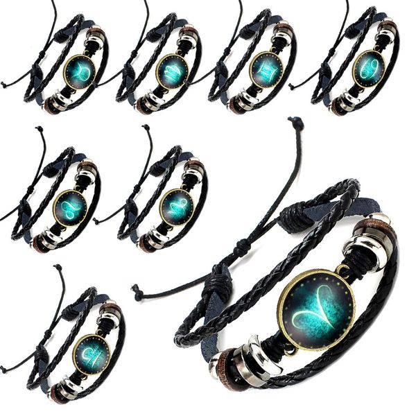 

retro multilayer 12 zodiac sign constellation beaded hand woven leather wristlet punk adjustable bracelet support fba drop shipping g916r, Golden;silver