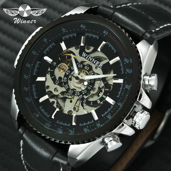 

winner 2018 automatic mechanical watches men leather strap fashion black skeleton male wristwatches gift + box, Slivery;brown