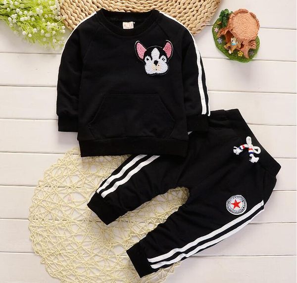 

spring autumn children boys girls clothing suits fashion baby embroidery cartoon dog t-shirt pants 2pcs/sets toddler tracksuit, White