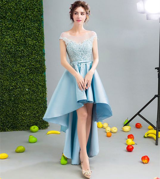 

scoop шея кружева атласные коктейльные платья кружева 2020 baby blue высокий низкий пром платье новое платье подружки невесты, Black