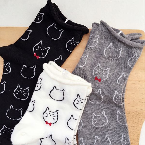 

girls women kawaii cartoon cat socks japanese cute funny animal socks 100% pure cotton soft breathable for spring summer, Black;white