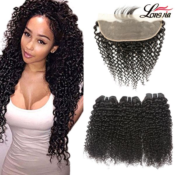 

3/4 пучки бразильский кудрявый вьющиеся волосы с фронтальной 13x4 " человека вьющиеся пучки с фронтальной закрытия бразильские вьющиеся чело, Black