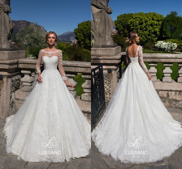 

2018 lussano lace a line wedding dresses sheer neck lace applique long illusion sleeves backless sweep train wedding dress bridal gowns, White
