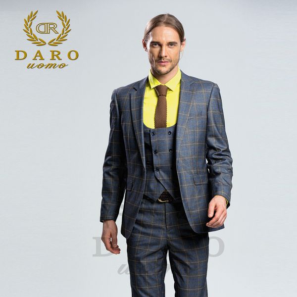 

daro 2018 new men suit 3 pieces fashion plaid suit slim fit blue grey wine wedding dress suits blazer pant and vest drv-8038, White;black