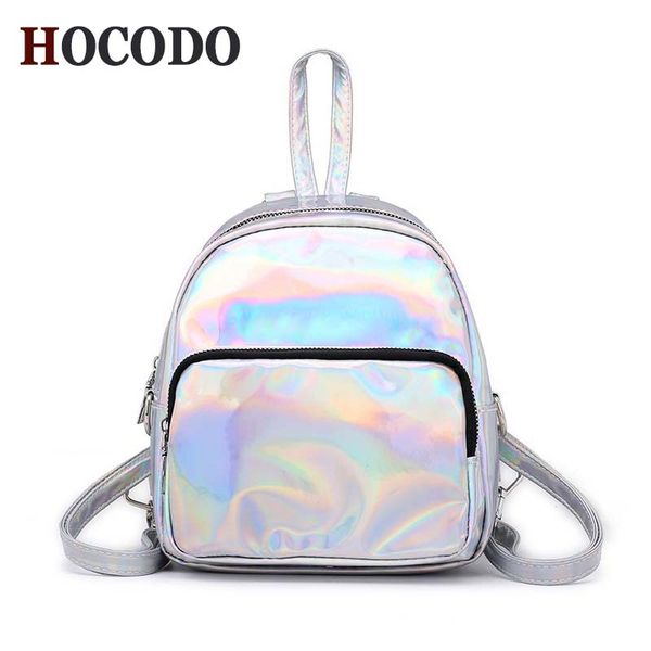 

hocodo fashion small size backpack for teenage girls laser holographic bag feminino silver primary school leather daypack