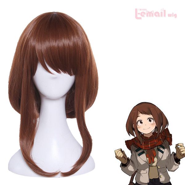 

my hero academia ochako uraraka brown short straight hair synthetic cosplay wigs, Black;brown