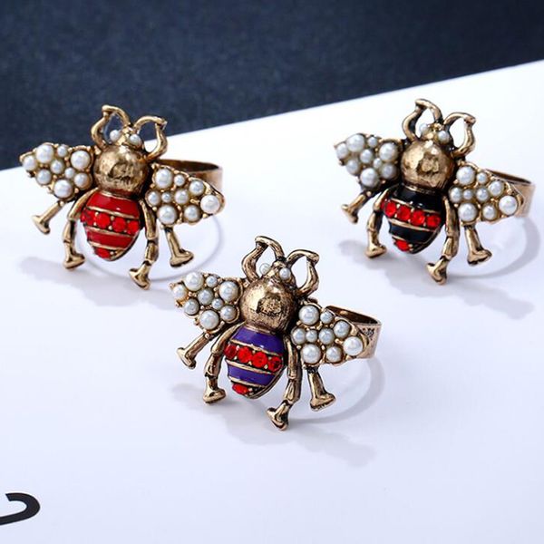 

3pcs 2019 new jewelry vintage bee rings pearl bee ring for women stereoscopic insect cluster rings honeybee open ring, Golden;silver