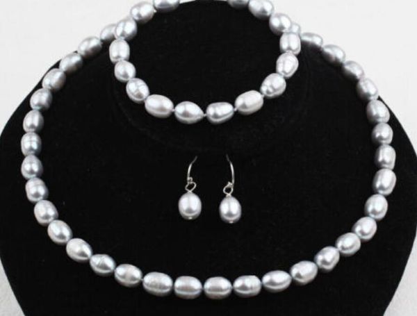 

9-10mm grey natural freshwater pearls necklace, bracelet and earrings set, Black