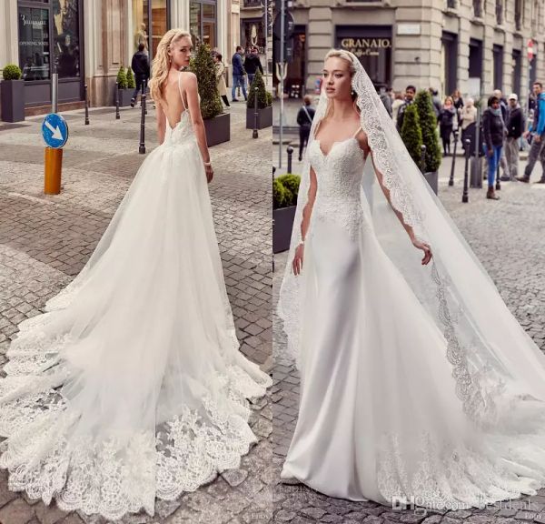 

спагетти ремень без спины свадебные платья русалка со съемным поездом eddy k последние свадебные платья кружева appliqued sweep train bridal, White