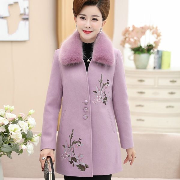 

2018 fashion wool coat female autumn winter women fur collar floral embroidery coats plus size women's clothing casaco feminino, Black