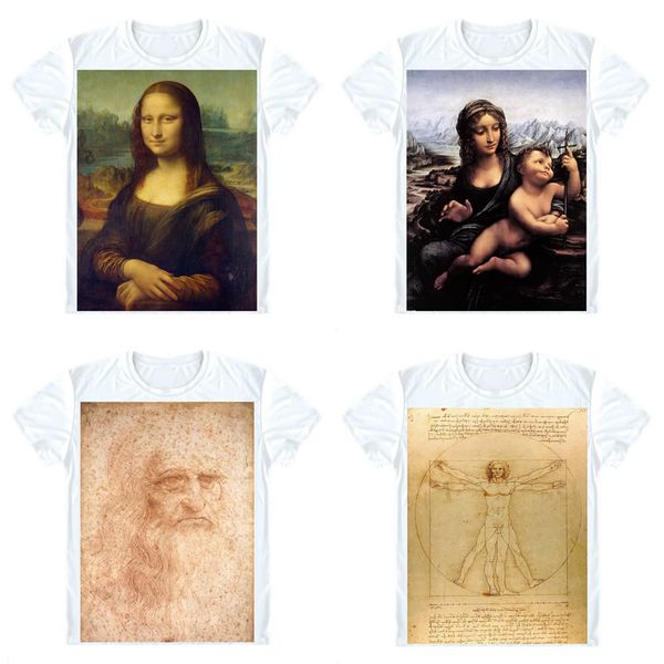 

leonardo da vinci t-shirts short sleeve shirts oil painting mona lisa vitruvian man self portrait leda and the swan cosplay shirt, White;black