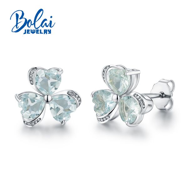 

bolaijewelry,heart shape flower earring with natural brazil aquamarine gemstone 925 sterling silver fine jewelry for girls gift, Golden;silver