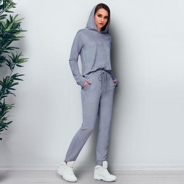 

regular womens suits two piece winter autumn long sleeve hooded pullover long pants casual women 's tracksuits, Gray