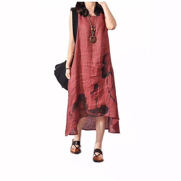 

Plus Size Linen Dress Women Vintage Floral Asymmetrical Kaftan A-line Long Maxi Vest Dress Short Sleeves Casual Dresses